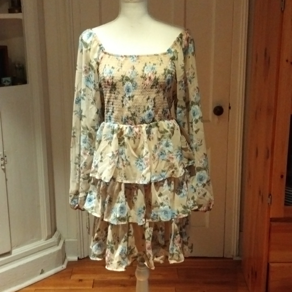 Madden NYC Juniors Floral Triple Ruffle Smocked Peasant Dress.